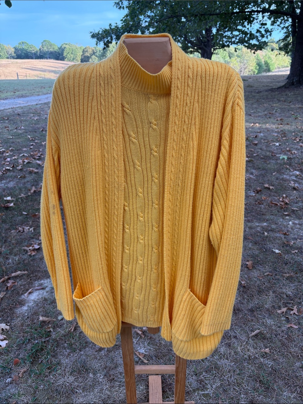 Yellow Cable-Knit Open Cardigan Sweater -Karen Scott 2 piece small stains